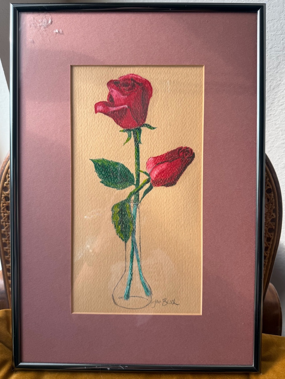 Hand Drawn Signed Framed Red Rose Floral Art Vintage Botanical Wall Decor